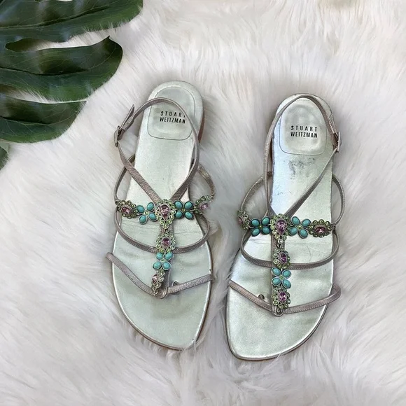 Stuart Weitzman Silver Sandals Turquoise & Crystal Gem Embellishments 9.5 - Picture 6 of 11